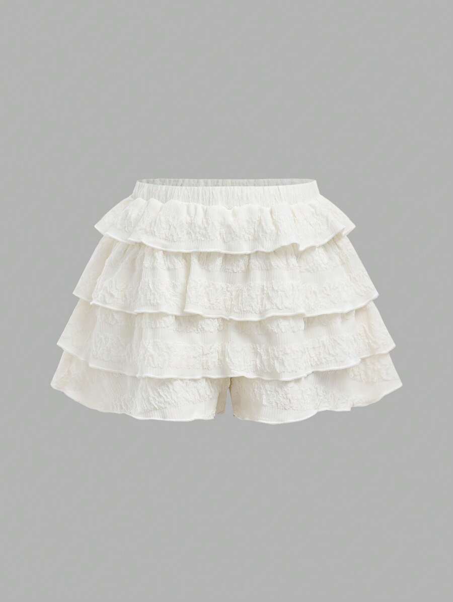 SHEIN Leap Crew Tween Girls' Solid Color Elegant Sweet Ballet Layered Ruffle Waist Skirt Shorts - White - View 1