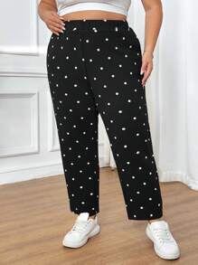 SHEIN CURVE+ 大码女式波尔卡圆点印花休闲裤，带口袋和侧开衩，度假新年女式冬季情人节商务休闲女式飘逸裤，女式夏季，波尔卡圆点 - 黑與白 - 查看 5