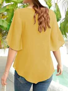 INAWLY Áo cánh hoa cổ tròn màu trơn đơn giản cho nữ mùa hè - Màu vàng - Xem 2