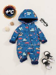 SHEIN 嬰兒男童卡通車印花連帽絨毛連體衣