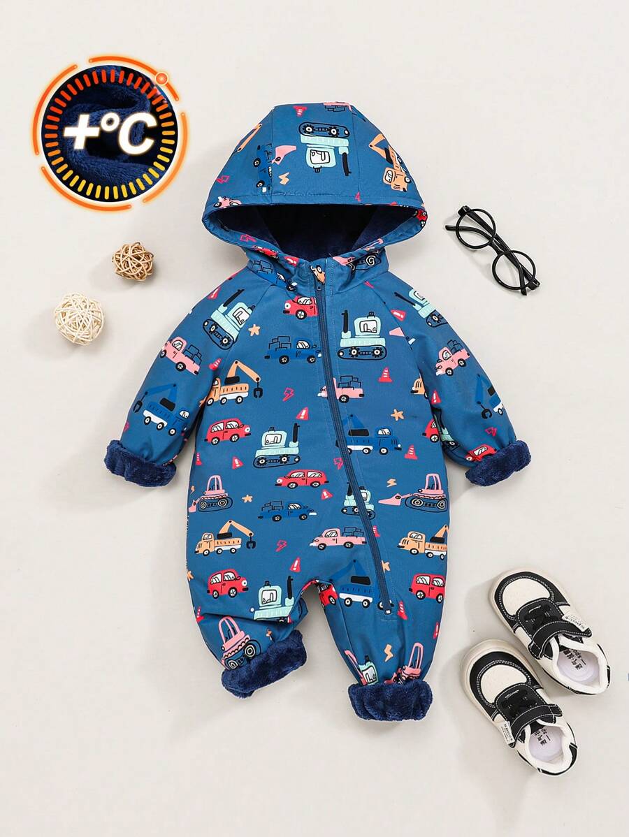 SHEIN 嬰兒男童卡通車印花連帽絨毛連體衣