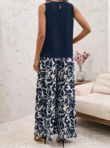 SHEIN Clasi Summer Elegant Women's Black Collar Pleated Vest And Elastic Floral Print Pants Two Pieces Set, Suitable For Wearing In Various Occasions, Summer Sets