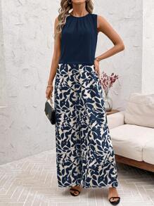 SHEIN Clasi Summer Elegant Women's Black Collar Pleated Vest And Elastic Floral Print Pants Two Pieces Set, Suitable For Wearing In Various Occasions, Summer Sets