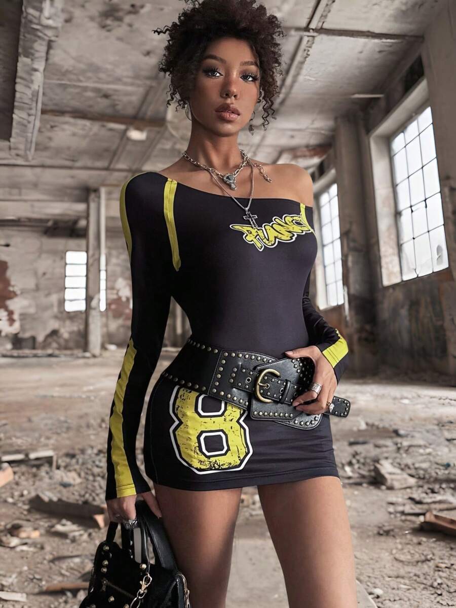 INAWLY Women's Casual Oblique Shoulder Long Sleeve T-Shirt With Simple English Number Print & Contrast Color