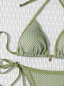 SHEIN Bộ bikini gợi cảm vải kẻ caro buộc dây mới cho nữ, trang phục đi biển mùa hè - màu xanh lá - Xem 5