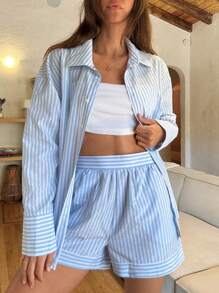 Cloudara Cottonline Womenr Long Sleeve Blouse And Striped Flare Pants Set, Casual Two Piece Outfits For Spring Summer - Multicolor - View 2