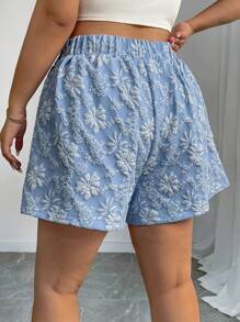 Elenzga Plus Size Women's Textured Fabric Button-Up Elegant Office Wear Shorts - Baby Blue - View 2