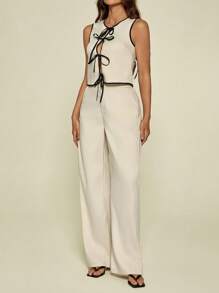 SHEIN Tall Spring And Summer Women's Lace-Up Suit, Contrasting Color Bow, Women's Top & Solid Color Casual Loose Trousers, Women's Two Pieces Set, Daily Casual, Workplace Commuting Wear Ladies' Solid Color Top And Pants Set, Perfect For Vacation/Leisure Time - Apricot - View 5