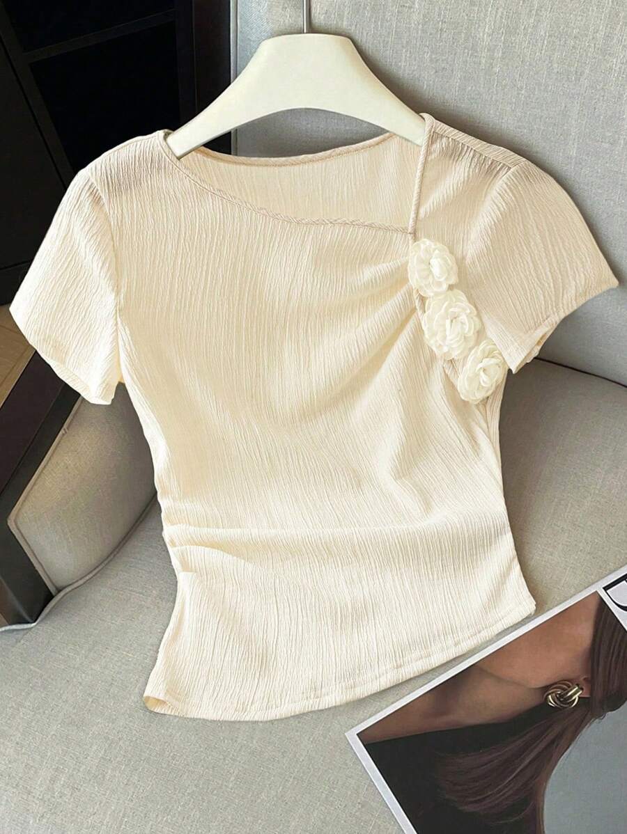 Franclia 女士纯色荷叶边斜领 3D 花卉短袖 T 恤 - 芥末黃 - 查看 1