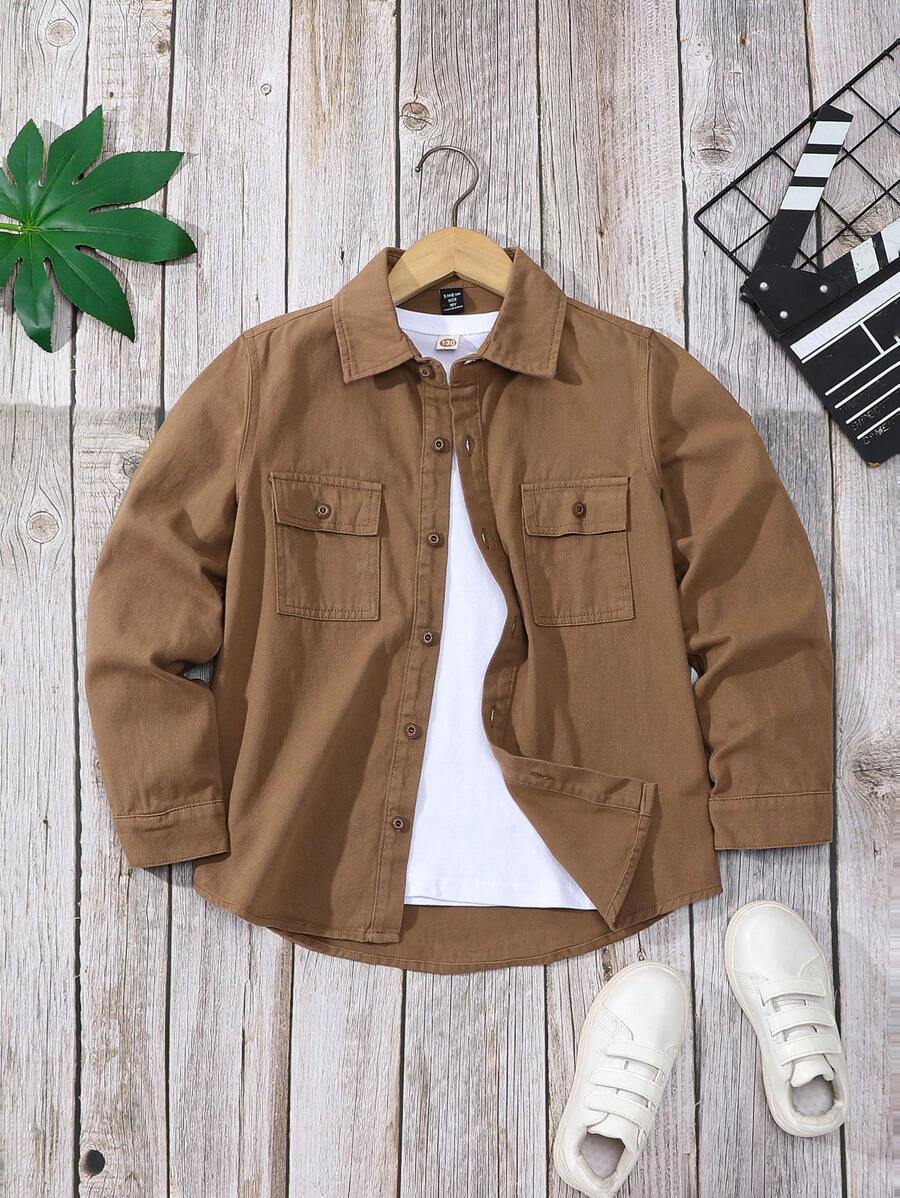青少年男孩休闲日常纯色纽扣前口袋牛仔衬衫 - 咖啡棕 - 查看 1
