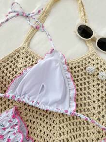 Swim Mod Women's Fresh & Sweet Rose Ditsy Floral Ruffle Trim Halter Bikini Set, For Summer Beach Vacation