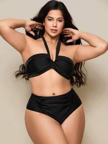 SHEIN Swim Plus Size Solid Color Simple Beach Swimsuit Set For Summer Beach Vacation - Black - View 4