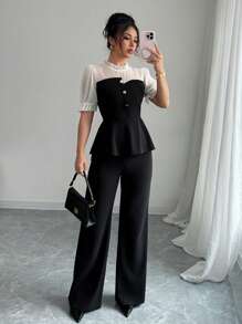 Selianne Chiffon Patchwork Shirt & Flare Leg Pants 2 Pieces Set - Black - View 1