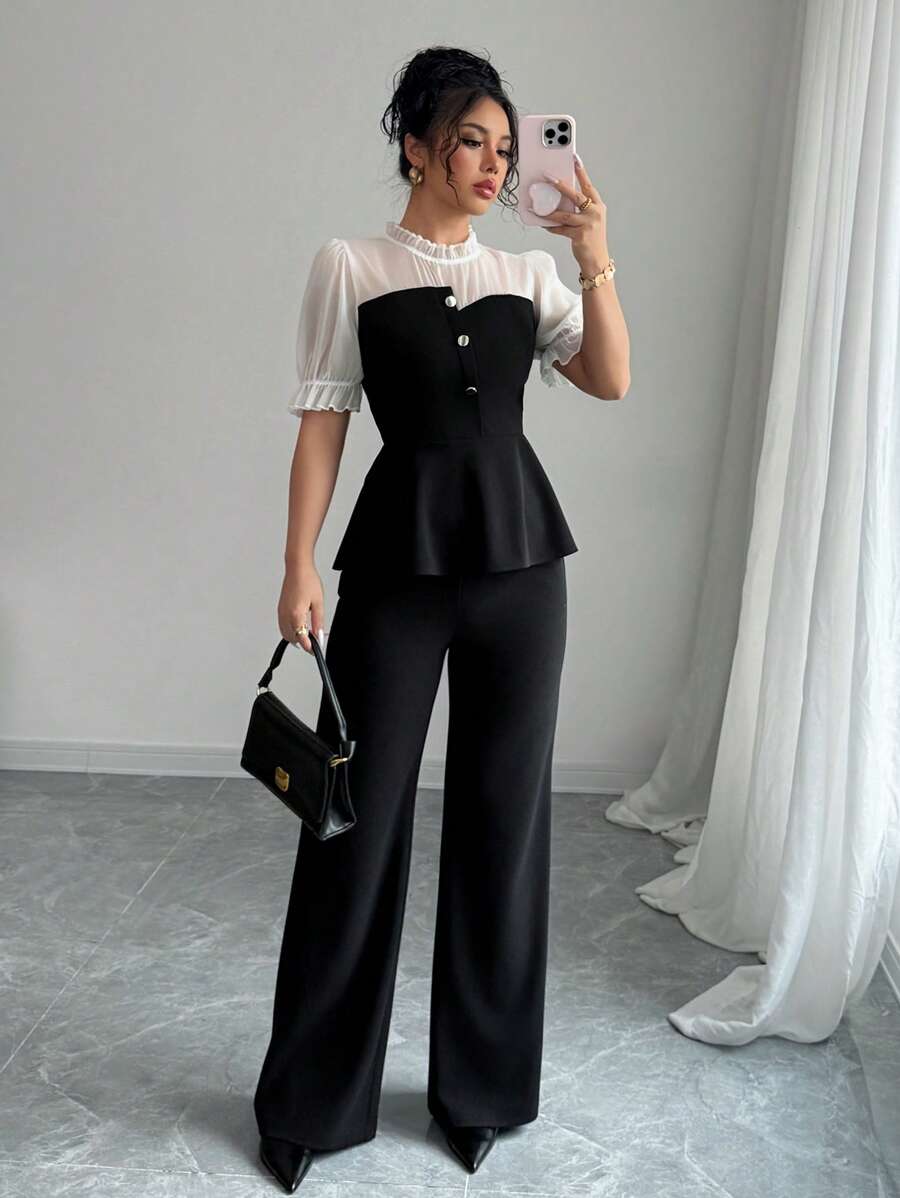 Selianne Chiffon Patchwork Shirt & Flare Leg Pants 2 Pieces Set - Black - View 1