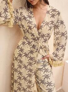 BY FELIZIA Light Apricot Summer Palm Tree Print Chiffon Long Beachwear Vacation Resort Wear New Arrivals Summer Long Kimono For Women - Multicolor - View 7