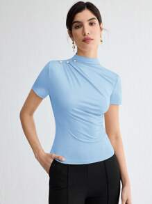 BizChic Áo thun nữ tay ngắn xếp ly màu trơn thanh lịch, hàng mới về, đa năng cho việc đi làm trong thành phố hiện đại, mặc hàng ngày, phong cách retro lãng mạn thập niên 90, phù hợp cho Giáng sinh, Năm mới, Ngày Valentine, tiệc tùng, đi biển, lễ tốt nghiệp, thời trang, lễ hội, kỳ nghỉ, khách dự đám cưới, bữa ăn trưa, sân bay, nhiều dịp khác nhau. - Màu xanh nhạt - Xem 4