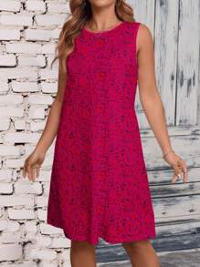 SHEIN LUNE Plus Size Women Floral Print Crew Neck Sleeveless Tank Dress Sundress,Casual Summer Women Outfit Beach Women Outfit - Hot Pink - View 1