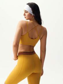 VARSIVA Women's Yellow Crop Sports Tank Top: Sleeveless Spaghetti Strap Knitted Fabric Design With Tape Details For Comfortable Workouts - Yellow - View 3