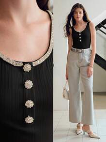 MOTF PREMIUM RHINESTONE BUTTON TANK TOP - Black - View 1