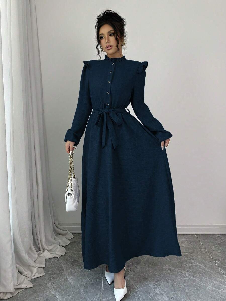 Lyxana 女士纯色荷叶边前扣长袖休闲长款收腰连衣裙长款女装