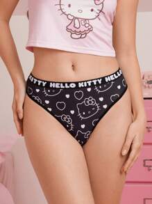 HELLO KITTY AND FRIENDS | SHEIN Quần lót lọt khe in chữ và hình mèo hoạt hình dễ thương thoải mái cho nữ - Đen và trắng - Xem 6