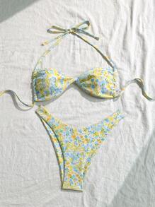 Swim Mod Ditsy Floral Twist Bikini Set, Minimalist & Fashionable, Suitable For Summer - Yellow - View 5