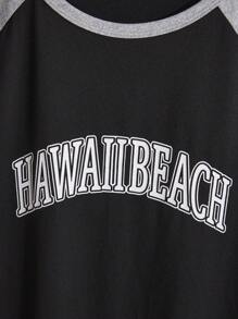 Youth Girls' Simple Black Background Grey Raglan Sleeve Front English Letter Graphic Print Crew Neck Short Sleeve Pajama Set - Black - View 5