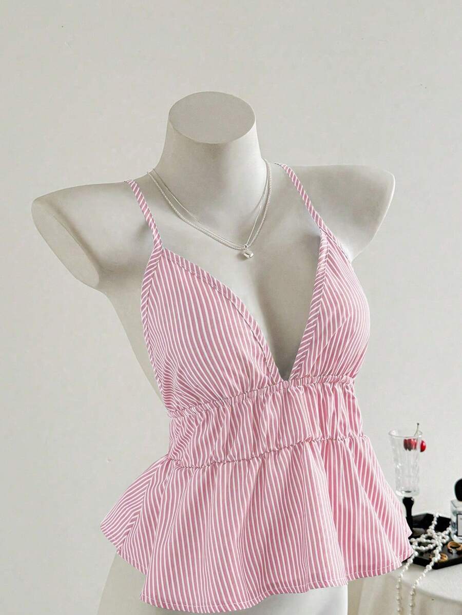 Striped Casual Backless Halter Top, Summer - Rosa - View 1