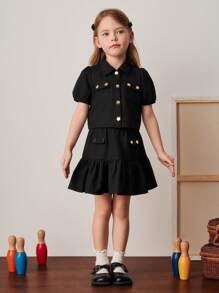 PrepCrw Young Girls' Black Puff Sleeve Shirt & Mini Skirt Set, College Style, Spring/Summer - Black - View 5