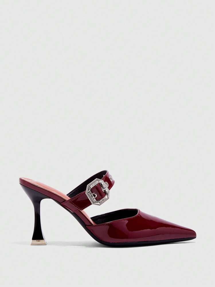 CUCCOO CURVES ワイドフィット ハイヒール 9cm オープントゥ ワインレッド ファッショナブル エレガント リベット装飾サンダル、仕事や夏のデイリーウェアに適しています