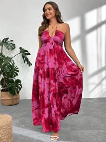 Firerie Plus Size Women Tie-Dye Print Ruffle Hem Halter Neck Dress, Vacation Style Spring To Summer - Hot Pink - View 5