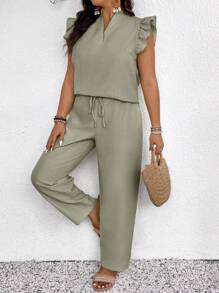 SHEIN Frenchy Set de 2 piezas de ropa casual para mujer de talla grande, que incluye una camisa de manga corta y pantalones de unicolor