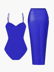 SHEIN Swim Women's Beach Outfit: Black Metal Decor Sexy Hollow Out Strap One Piece Swimsuit + Black Sheer High Slit Skirt For Summer Beach Vacation - Blue - View 3