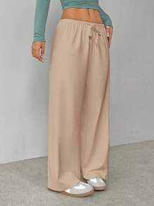 SHEIN PETITE Pantalones de casa tejidos suaves y blancos, pantalones holgados - Caqui - Ver 4