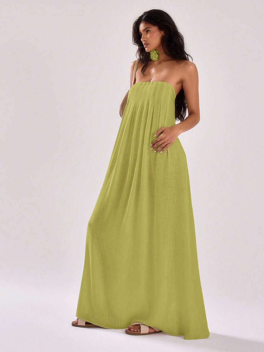 MUSERA Đầm maxi xếp ly dáng rộng, kiểu quây ngực, thích hợp cho kỳ nghỉ hè, lễ tốt nghiệp, dạ hội, dự tiệc cưới ở Ibiza, đi biển, mùa thu, buổi tối hẹn hò, thanh lịch, đầm dài mùa thu. - Màu xanh Ô liu - Xem 1