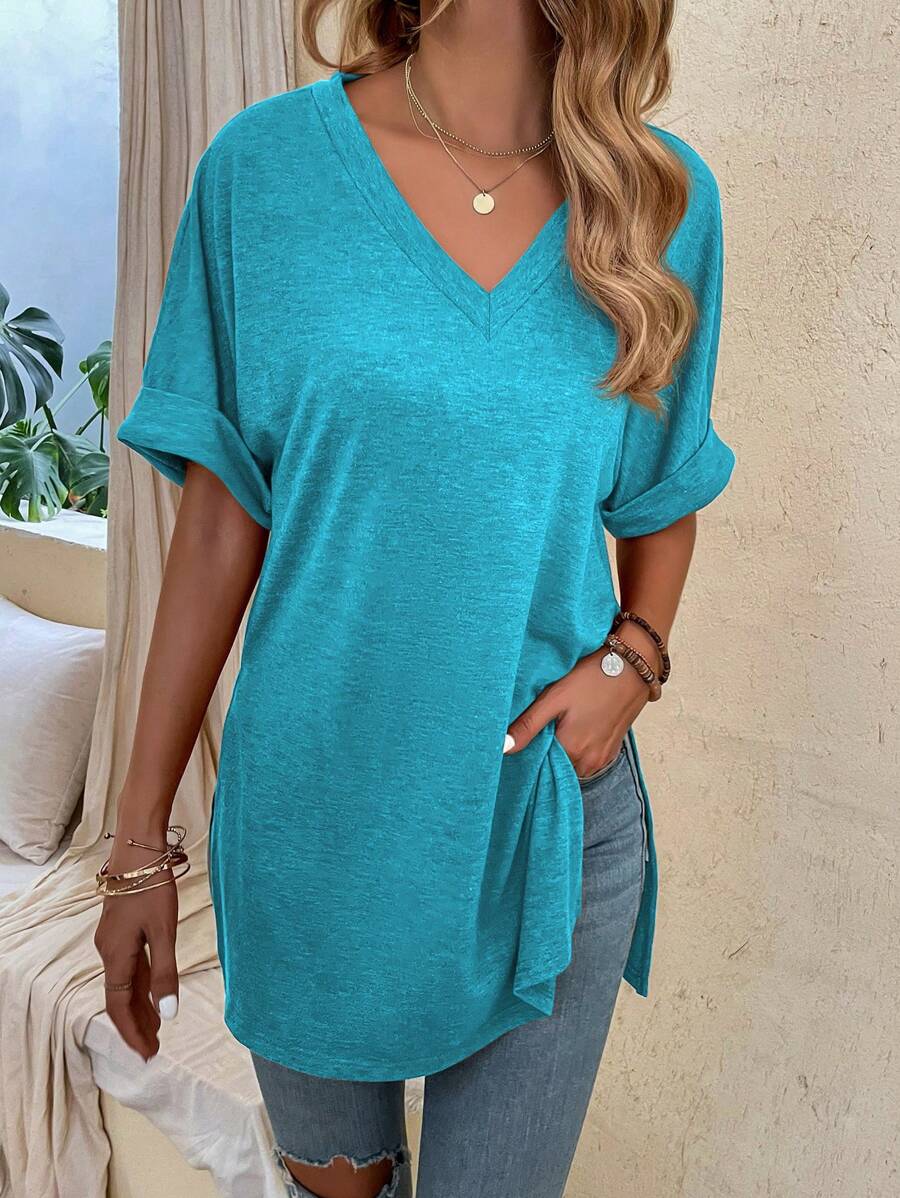 SHEIN LUNE Casual Solid Color Batwing Sleeve Side Slit T-Shirt, Spring/Summer - Blue - View 1