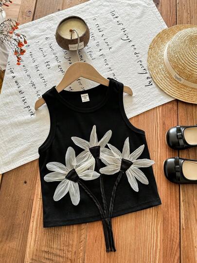 青少年女孩休闲可爱甜美圆领贴身背心，带 3D 花卉装饰