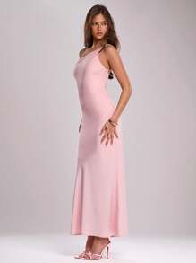 SHEIN BAE Spring Women Romantic Party Dress With Pearl Chain Trim, Asymmetric Neck Backless Fitted Fishtail Satin Dress - Pink - View 3