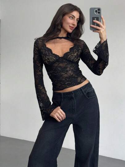 Aloruh Women's Black Lace See-Through Sexy Deep V Neck Long Sleeve Top