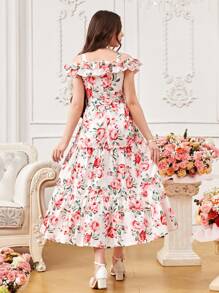 Teen Girl Vacation Retro French Floral Print Ruffle Hem Maxi Dress,Holiday,Summer,Travel - White - View 2