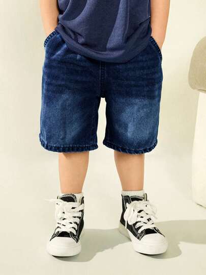 SHEIN 男童弹力腰带牛仔短裤，休闲洗水裤