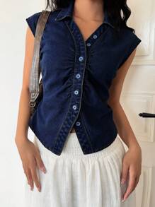 SHEIN ICON Blusa vaquera sin mangas para mujer, de estilo casual y ajustada, en color azul