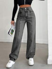 EURMUSE 100%Cotton Solid Color Straight Leg Jeans - Light Grey - View 5