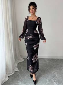 Modelyn Women's Floral Print Elegant Square Neck Tie Waist Midi Dress Maxi Women Outfit Long Evening Dresses - Champagne - View 6