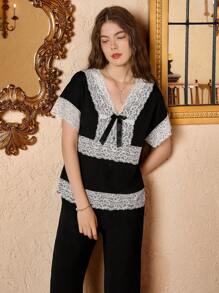 Elegant Lace Trim Color Block Women Pajama Sets - Black - View 7