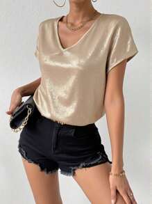女士纯色 V 领休闲短袖上衣，夏季 - 金色 - 查看 3