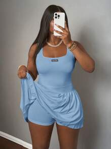 Slaydiva 全新春夏休闲简约基本款U领工装背心配黑标白字百褶裙含短裤和裤裙白色针织面料女式迷你连衣裙-A - 藍色 - 查看 7