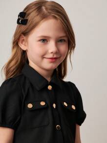 PrepCrw Young Girls' Black Puff Sleeve Shirt & Mini Skirt Set, College Style, Spring/Summer - Black - View 4