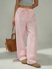SHEIN PETITE Petite Ladies Pink And White Casual Home Striped Trousers Suitable For Spring And Summer Baggy - Pink - View 6