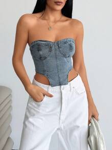 EURMUSE Asymmetric Hem Denim Tube Top, Fashionable For Summer - Medium Wash - View 5